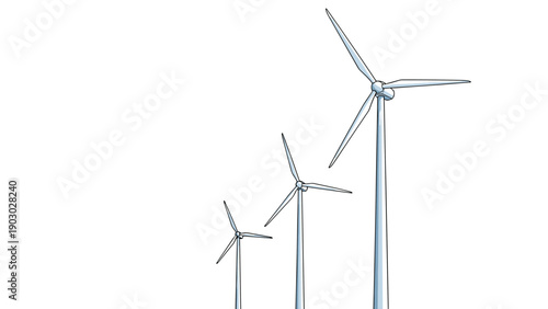 Row of three white wind turbines stands against a plain white background representing renewable clean energy sources.