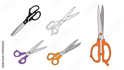 Diverse set of scissors features five pairs in different colors and sizes for sewing, crafting, and office tasks.