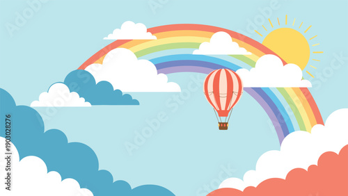 Hot air balloon floats peacefully among white clouds and a colorful rainbow in a bright sunny sky for adventure.