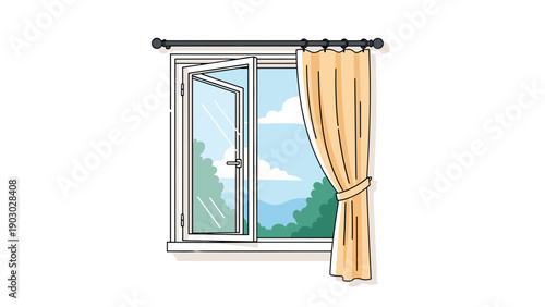 Open white window with a beige curtain allows a beautiful view of distant blue mountains and green forests outside.