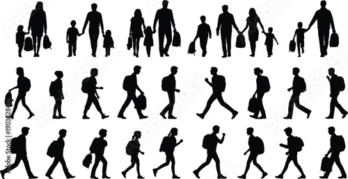 Family and people walking silhouette collection, parents with children and travelers carrying bags, daily life movement illustration isolated set