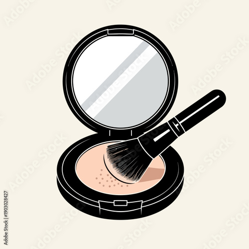 A black compact powder case with a mirror and a makeup brush applying powder.
