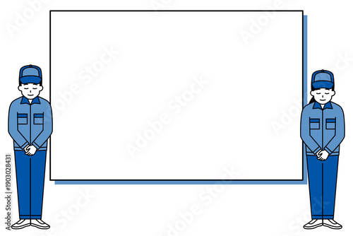 ホワイトボードとお辞儀をするつなぎ作業服の男女