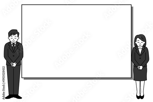 ホワイトボードとお辞儀をする黒いスーツの男女