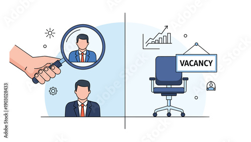 Human resources hand uses a magnifying glass to find the best job candidate for a vacancy in a modern business office.