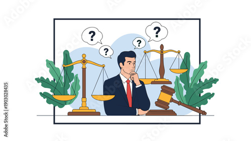Professional man in a suit thinks carefully about legal decisions next to scales of justice and a wooden judge gavel.