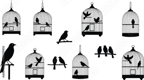 Set of birdcage and bird silhouettes in black vector style, flying and perched birds, decorative elements for logo, wall art, tattoo, and graphic design