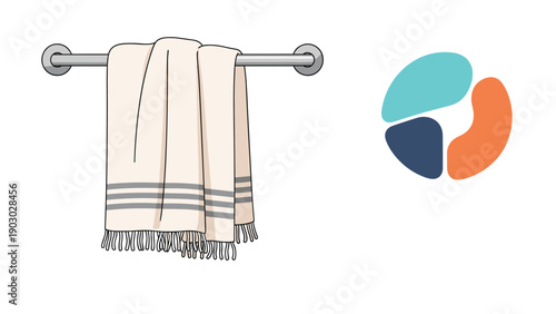 Clean white towel with gray stripes hangs on a silver wall rack next to a modern abstract logo for home decor.