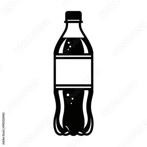 A black and white illustration of a plastic bottle filled with a carbonated beverage.