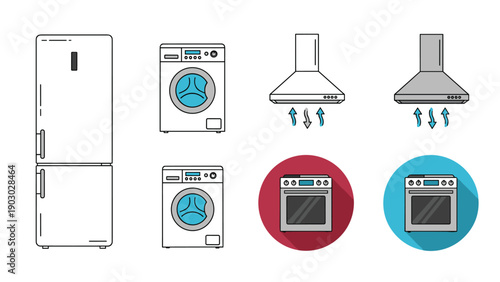 Collection of common kitchen appliances includes a refrigerator and stove plus washing machines and a range hood.