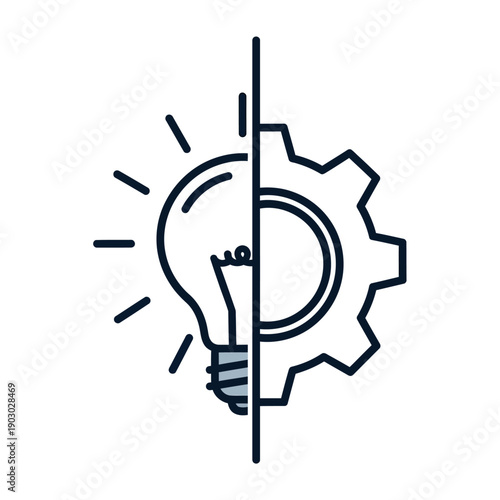 A split image showing a glowing lightbulb on the left and a mechanical gear on the right, symbolizing innovation and industry.