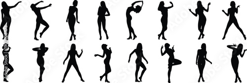 Female dancer silhouette collection, elegant women dancing poses, expressive body movement, modern dance performance illustration isolated on white background