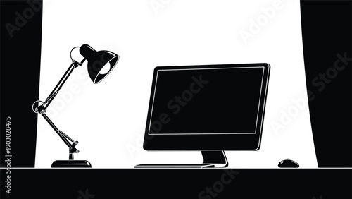 High contrast black and white image shows a computer monitor and desk lamp on an office desk in a dark room workspace.