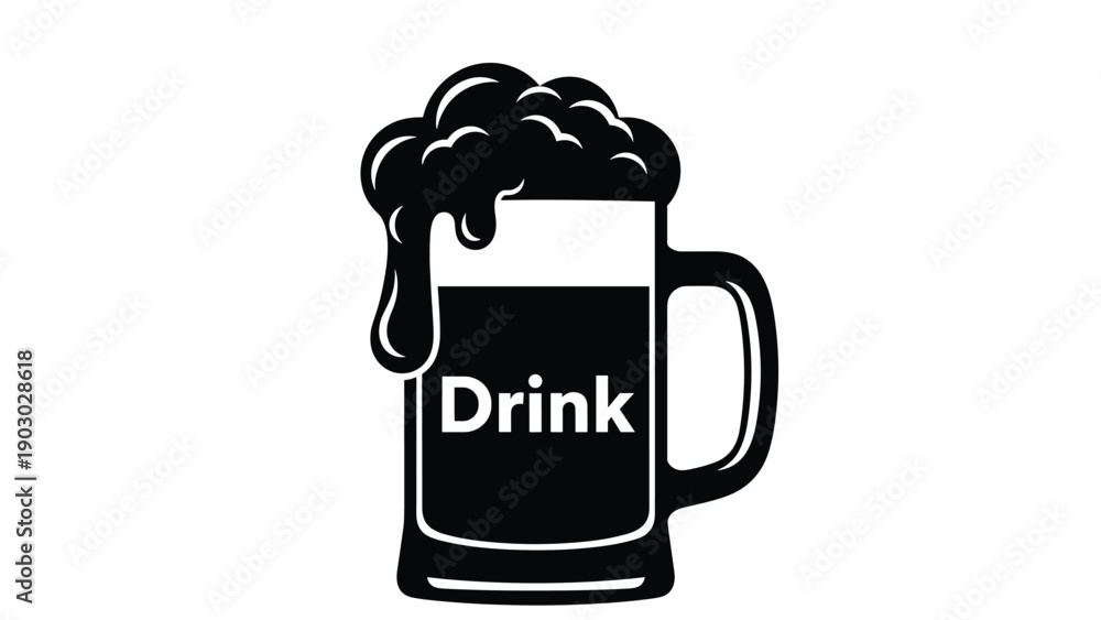 Obraz premium Bold black and white beer mug icon with thick foam overflow and the word drink written across the center of the glass container.