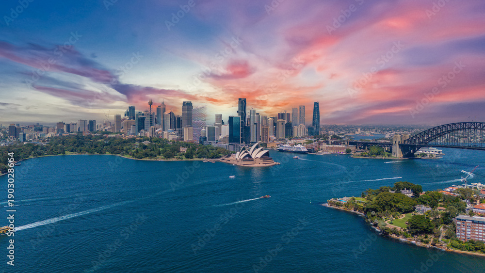 Fototapeta premium 5 February 2026 Aerial View of Sydney Harbour Circular Quay cruise Liner on a nice Summer day beautiful Sky in Sydney NSW Australia