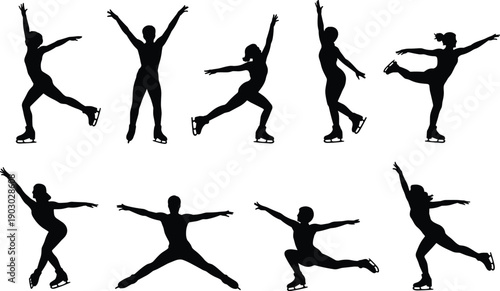 Figure skating silhouette set, ice skater poses and jumps, artistic skating movement, winter sport performance, elegant human figures isolated on white background