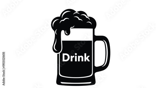 Bold black and white beer mug icon with thick foam overflow and the word drink written across the center of the glass container.