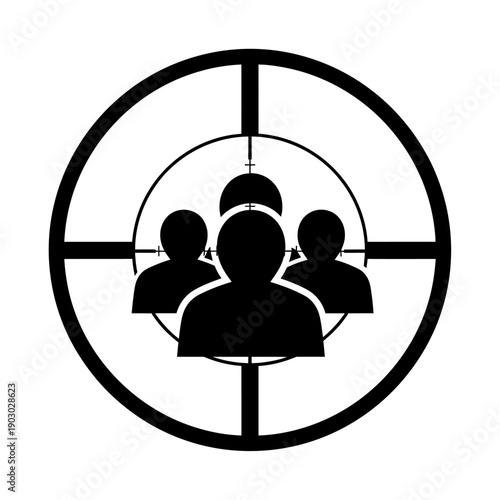 A black and white illustration of a sniper scope reticle focused on a group of three people.