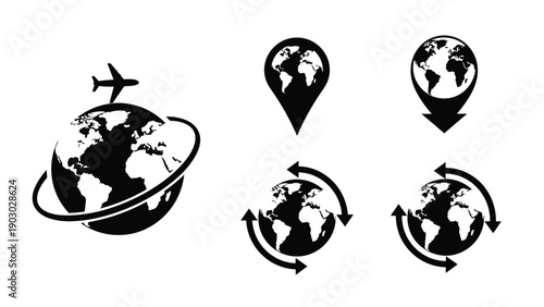 Selection of travel and global navigation icons featuring a plane flying around the earth and various location pin markers with globes.