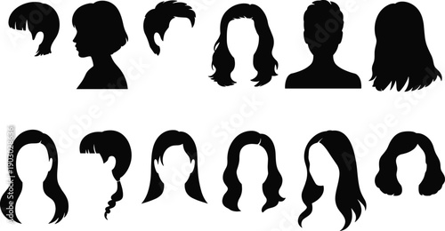 Female hairstyle silhouette collection, women head profiles with different haircuts, beauty fashion avatar shapes, cosmetic salon illustration isolated set