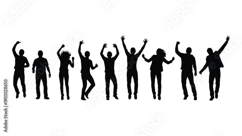 A group of people dancing and celebrating together in silhouette. Vector