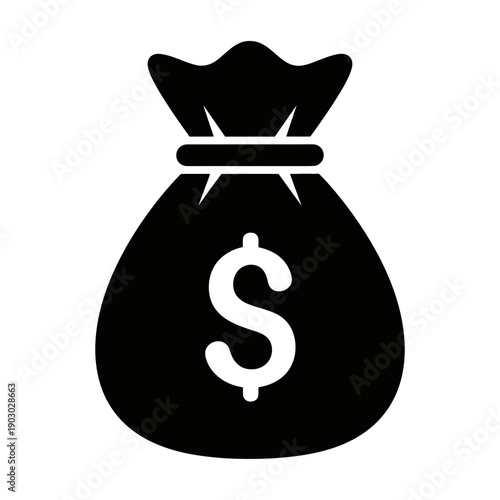 A black and white illustration of a money bag with a dollar sign on it.