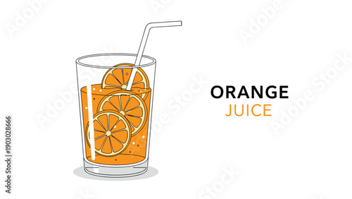 Refreshing glass of orange juice filled with ice cubes and fruit slices including a white straw and the label orange juice on the side.
