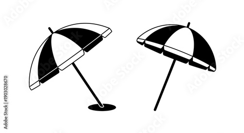 Two black and white striped beach umbrellas are depicted against a white background.