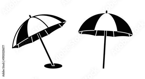 Two black and white beach umbrellas are depicted against a white background.