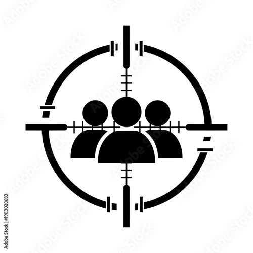 A black and white illustration of a sniper scope reticle targeting a group of three stylized human figures.