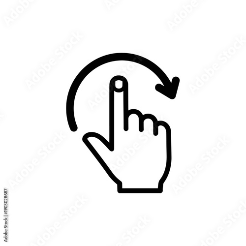 A black and white icon depicting a human hand with a finger pointing upwards, with a curved arrow indicating a clockwise rotation.