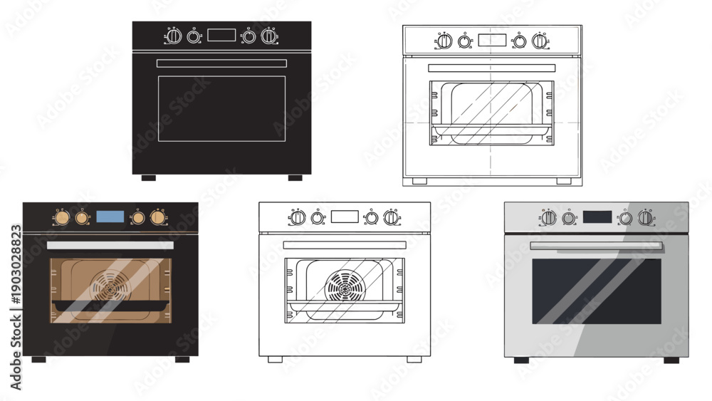 Obraz premium Collection of five kitchen oven icons showing different rendering styles including solid black, line art, and realistic metallic finishes.
