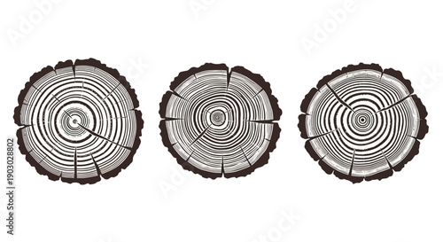 Three detailed illustrations of tree trunk cross-sections showing growth rings and bark texture.