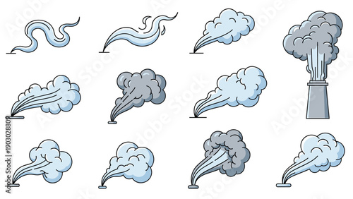 Collection of twelve different smoke and steam cloud icons featuring various shapes and one smoking factory chimney stack.
