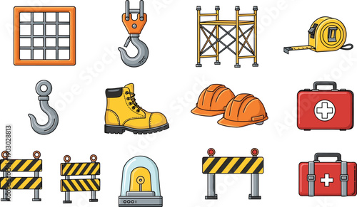 Set of construction safety and industrial equipment icons in color vector style, scaffolding, helmet, hook, boot, barricade, first aid kit, and measuring tools