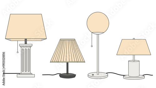 Assortment of four stylish desk lamps featuring different base and shade designs in neutral beige and cream tones with wires.