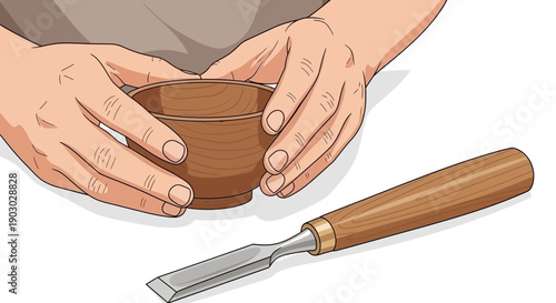 Hands carefully holding a wooden bowl next to a sharp chisel, suggesting woodworking or craft.