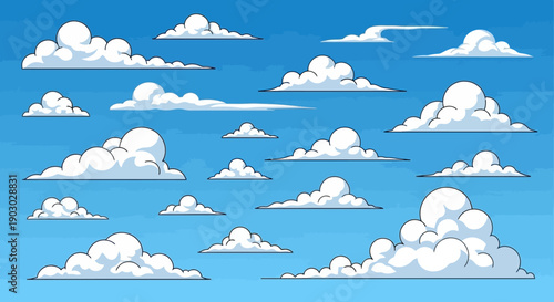 A collection of various cartoon-style clouds against a clear blue sky background.