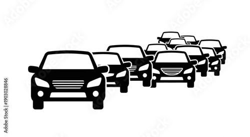 A line of black cars is shown from the front, with the closest car in sharp focus and the others receding into the distance.
