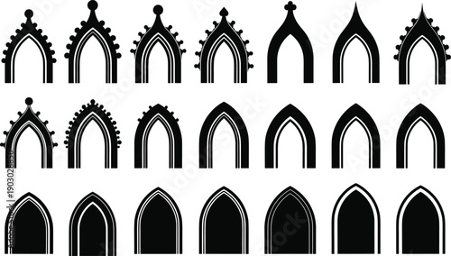 Set of gothic arch window and door silhouettes featuring ornate and simple medieval architectural shapes in black vector style isolated on white background
