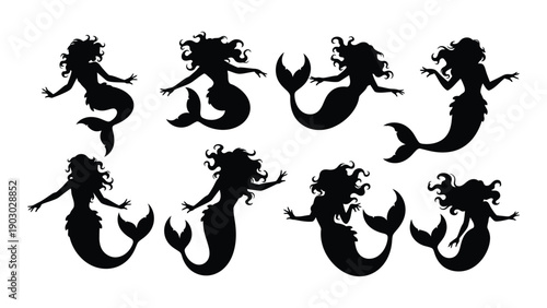 Eight black silhouettes of mermaids in various poses on a white background Vector