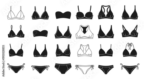 A collection of various bra and bikini bottom styles, presented in a grid format with both outlined and solid black illustrations.