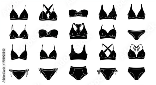 Collection of black silhouette illustrations of various bikini tops and bottoms, showcasing different styles and designs.