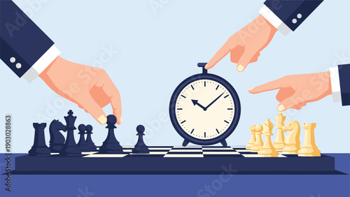 Strategic scene of multiple hands playing chess on a board with a large clock in the background symbolizing time management.