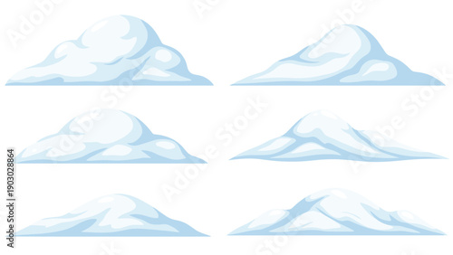 Six different piles of white and blue snow or soft clouds featuring rounded shapes and varying levels of height and shading.