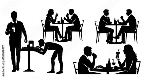 Silhouettes of people dining and being served in a restaurant setting, illustrating social interactions and service.