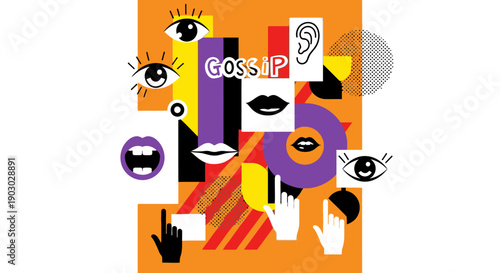 Abstract collage of eyes, lips, ears, and hands, representing communication and gossip.