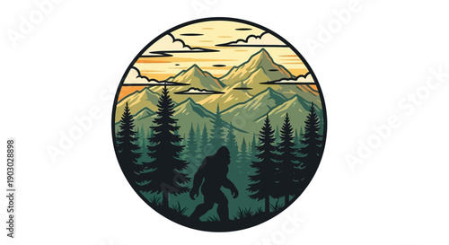 A silhouette of Bigfoot stands in a forest with mountains and a cloudy sky in the background, depicted in a circular graphic.