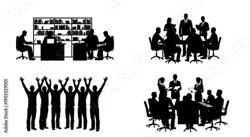 Silhouettes of people in various business and group settings, including meetings and celebrations.
