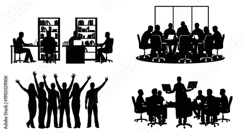 Silhouettes of people in various business and social settings, including meetings, presentations, and celebrations.